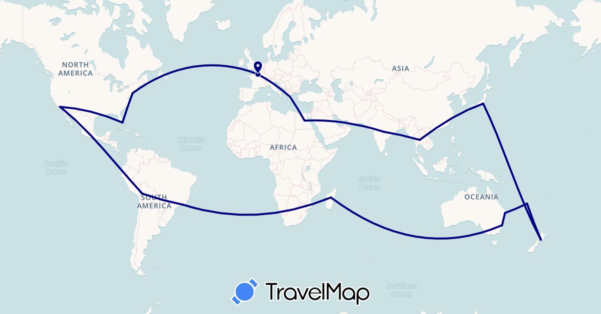 TravelMap itinerary: driving in Australia, Bolivia, Brazil, Egypt, France, Greece, India, Japan, Madagascar, New Caledonia, New Zealand, Thailand, United States (Africa, Asia, Europe, North America, Oceania, South America)